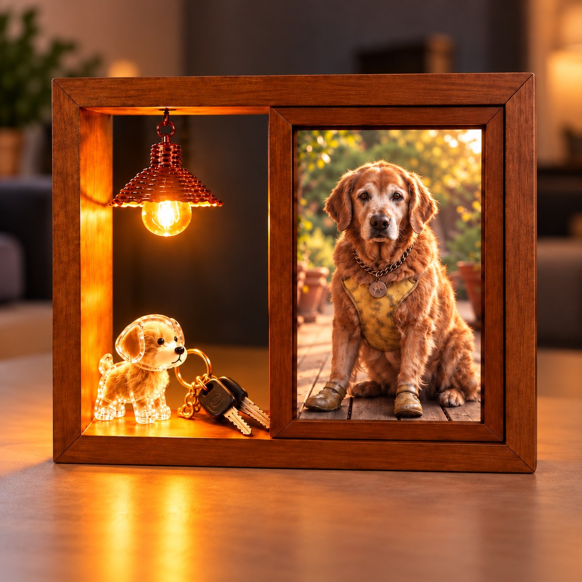 Rotating photo frame with a warm lamp, a framed dog photo and a fur keepsake keychain
