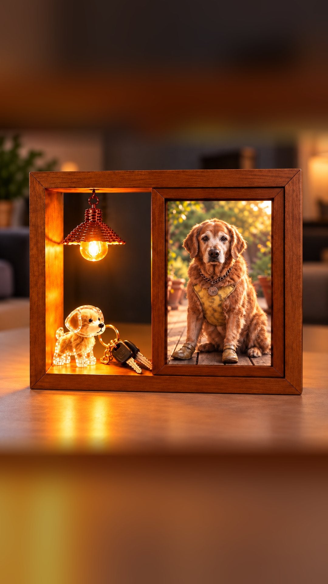 Wooden frame with a glowing lamp, a clear dog-shaped fur keepsake keychain and a photo of a golden retriever